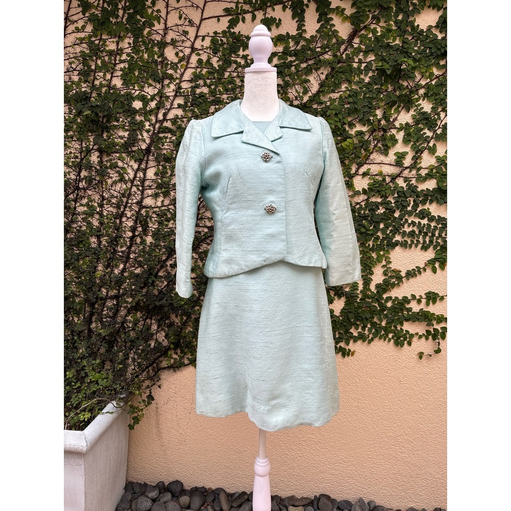 1950s Jackie Kennedy style Raw Silk Blazer and Dress Ensemble in Aqua Blue Color
